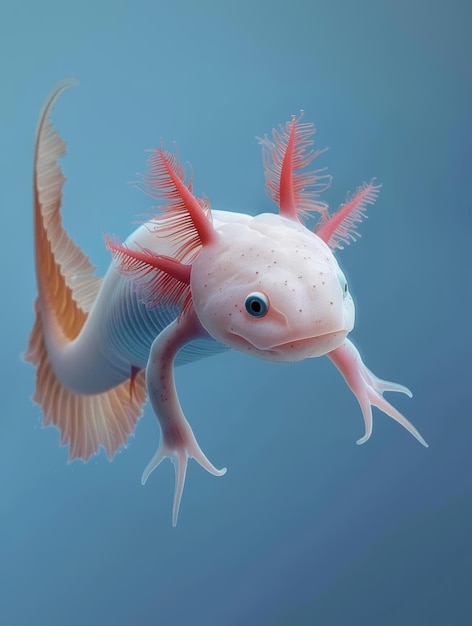 Axolotl El axolotl nadando en vista lateral para mostrar sus branquias externas