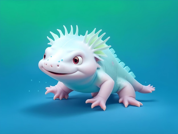 Axolotl corpo inteiro fundo azul amplo verde