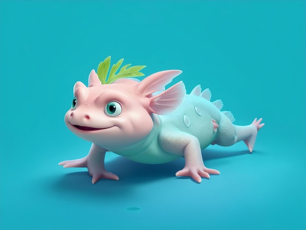 Axolotl corpo inteiro fundo azul amplo verde