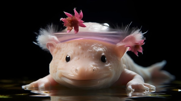 Foto axolotl divertido ostentando um chapéu minúsculo, a salamandra aquática