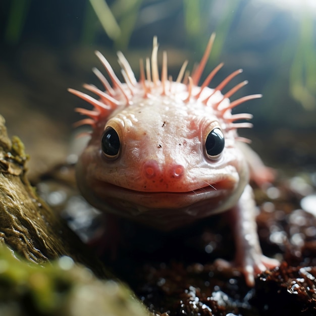 Axolotl farejando o retrato do rosto da câmera