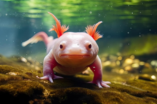 Axolotl nadando en un río de cerca