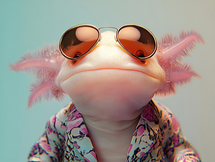 Axolotl trägt einen sehr modischen bunten Anzug und eine Sonnenbrille