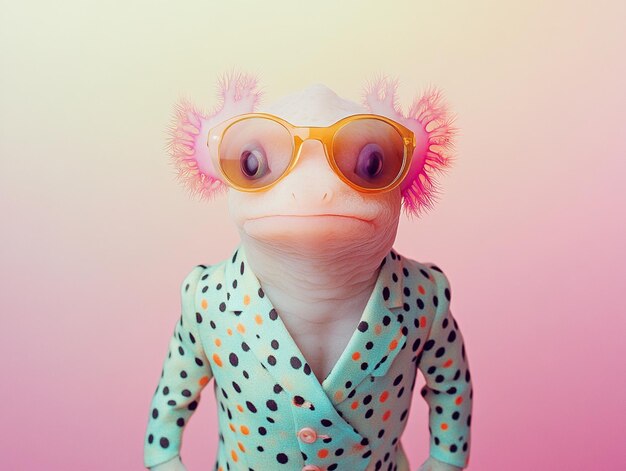 axolotl con un traje de colores muy de moda y gafas de sol