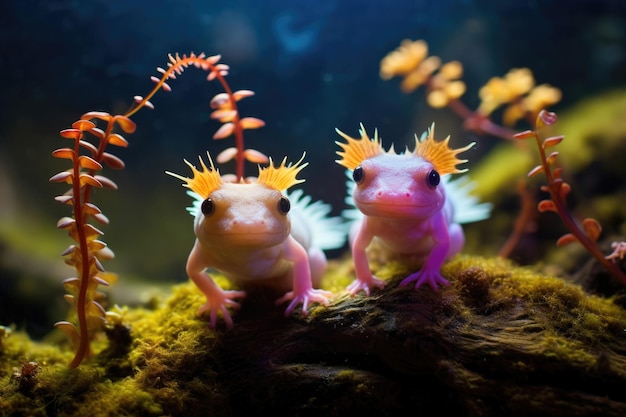 Foto los axolotles anfibios acuáticos en un entorno submarino bellamente diseñado