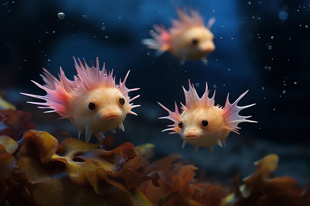 Axolotles vibrantes deslizándose a través de una tranquila caverna submarina