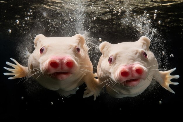 Axolotls brincalhões perseguindo bolhas em um riacho subaquático claro