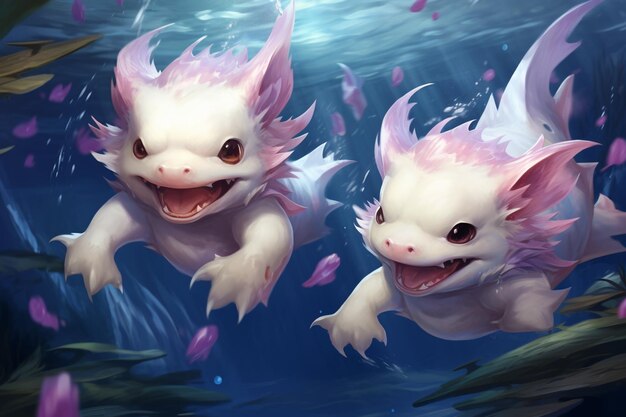 Axolotls brincalhões perseguindo um ao outro através de um labirinto de cavernas subaquáticas