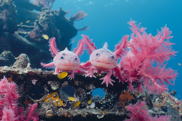 Axolotls curiosos investigando um navio pirata afundado coberto de vida marinha