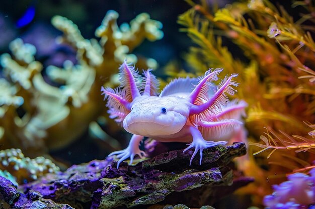 Foto axolotls encantadores camuflados entre algas marinhas à deriva