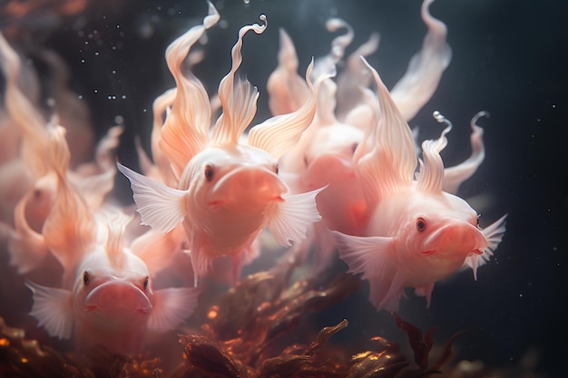 Axolotls encantadores nadando através de uma floresta submersa