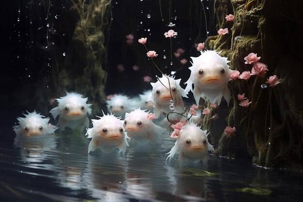 Axolotls graciosos deslizando por um jardim subaquático sereno