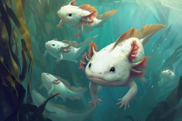 Axolotls graciosos nadando através de uma floresta de algas altas