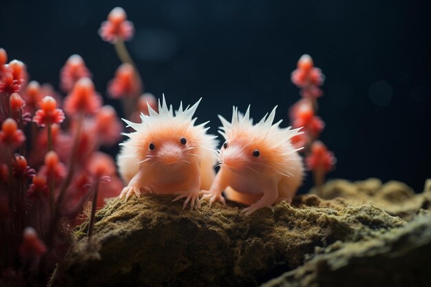 Foto axolotls graciosos realizando intrincados rituais de acasalamento em um recife