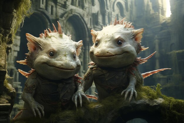 Axolotls majestosos posando contra um fundo de flora subaquática vibrante