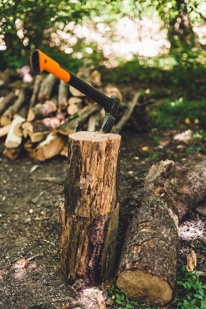 Axt zum Schneiden von Holz. Nahaufnahme einer Axt, die einen Baumstamm schneidet, während andere Baumstämme im Hintergrund liegen.