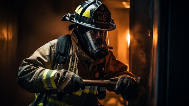 Axtgreifender Feuerwehrmann an der Spitze der Rettungsmissionen