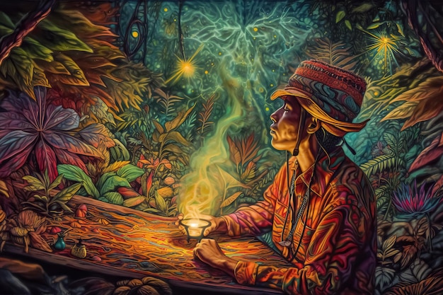 Ayahuasca-Erfahrung spirituelle psychedelische Halluzinationen surreale Illustration Generative KI