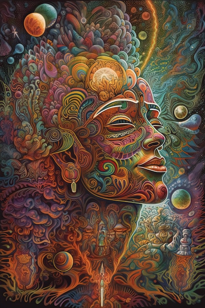 Ayahuasca experimenta alucinaciones psicodélicas espirituales ilustración surrealista IA generativa