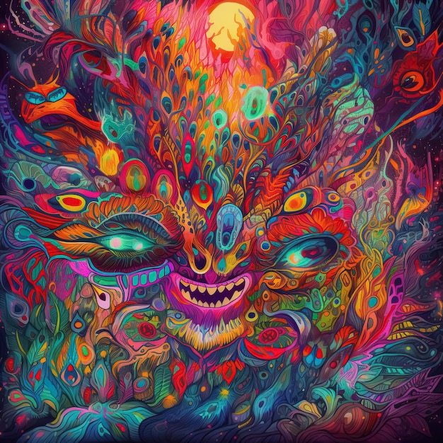 Ayahuasca experimenta alucinaciones psicodélicas espirituales ilustración surrealista IA generativa