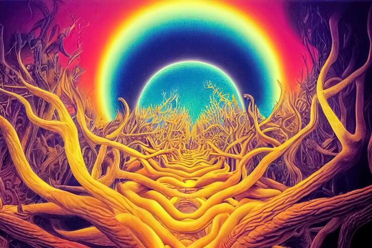 Ayahuasca experimenta visão espiritual de cura holística visão psicodélica ilustração 3D