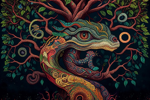 Ayahuasca-Zusammenstellung Schamanische Meditation Die Reise des Bewusstseins Ein Drache in einem Baumstamm Das magische Auge Generative KI