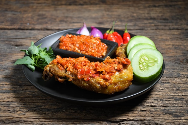 Ayam Geprek Sambal indonesisches Essen oder Geprek Brathähnchen mit scharfer Sambal-Chili-Sauce, serviert mit Reis