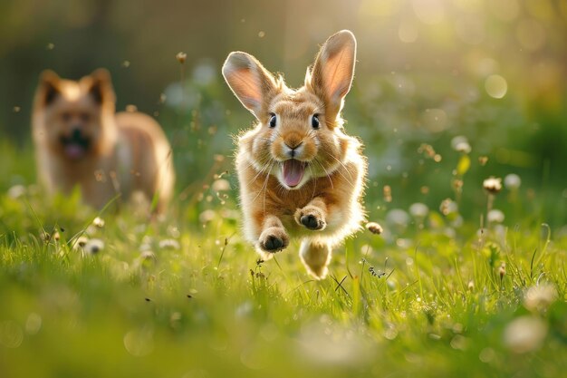 Ayats rennt verängstigt vor dem Hund weg, fühlt die Gefahr, der Hase rennt schnell entlang des grünen Rasens.