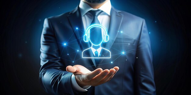 Ayuda icono concepto de soporte centro de llamadas y servicio al cliente concepto de negocio y tecnología hombre de negocios que muestra brillante línea de neón de operador con icono de ayuda en virtual