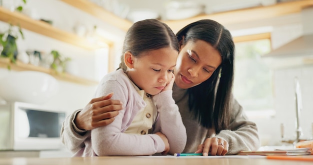 Ayuda con las tareas y madre con la niña en una cocina para la educación estudio y proyecto de aprendizaje a distancia Estudio de conocimiento y madre con el niño y libro para leer desarrollo infantil o lección en el hogar