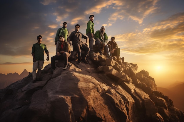 Foto ayudando con la mano en la cima el excursionista con mochila ayuda a otro excursionista a llegar a la cumbre concepto de ayuda