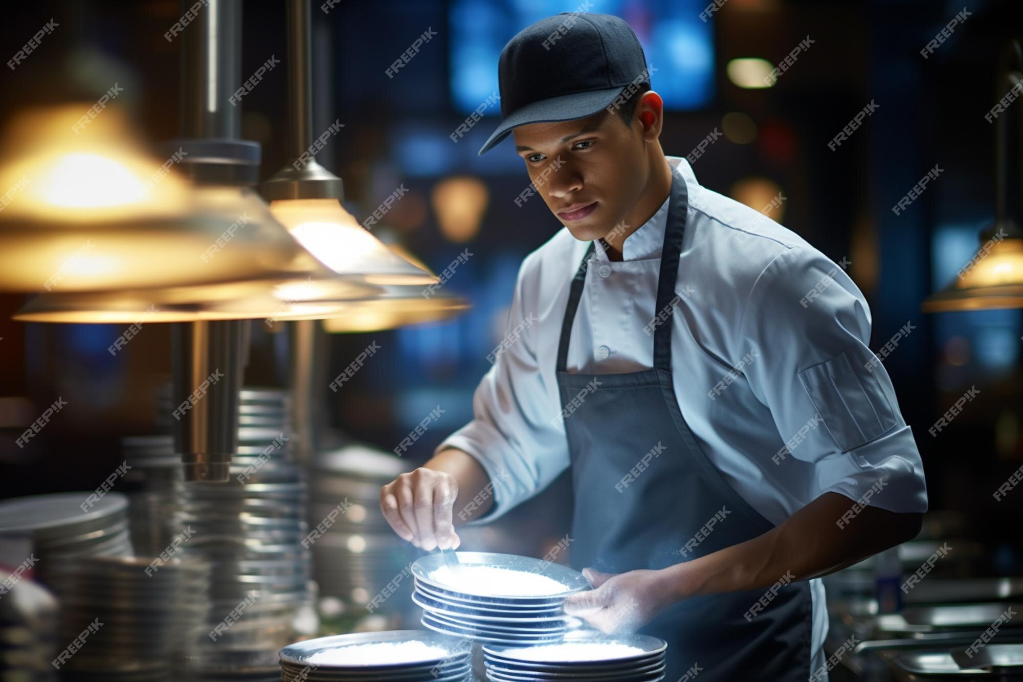 El ayudante de cocina estaba lavando platos en la cocina.