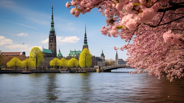 Foto el ayuntamiento de hamburgo y el río alster en spring