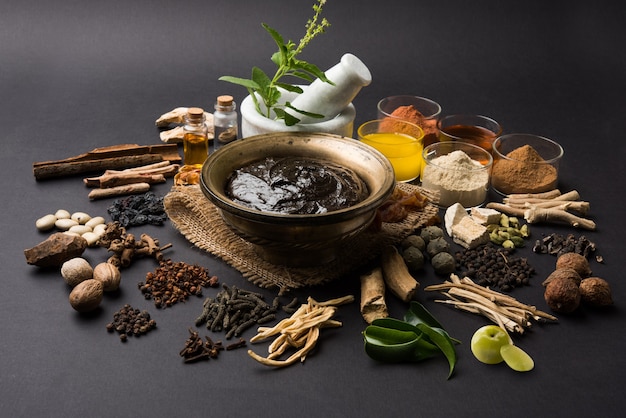 Foto ayurvedic chyawanprash é um poderoso impulsionador da imunidade ou suplemento natural para a saúde. servido em uma tigela antiga com ingredientes, sobre fundo sombrio, foco seletivo