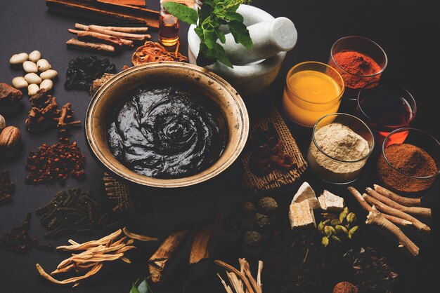 Foto ayurvedic chyawanprash é um poderoso impulsionador da imunidade ou suplemento natural para a saúde. servido em uma tigela antiga com ingredientes, sobre fundo sombrio, foco seletivo