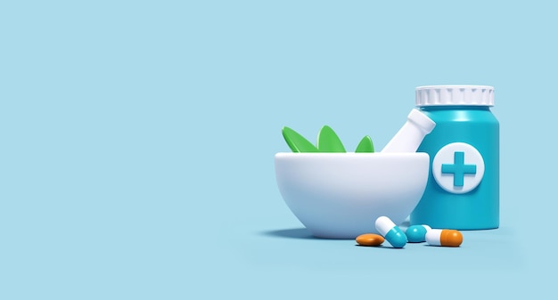 Ayurvedische medizinische 3D-Illustration pflanzliche medizinische Blätter und natürliche pharmazeutische Produktion