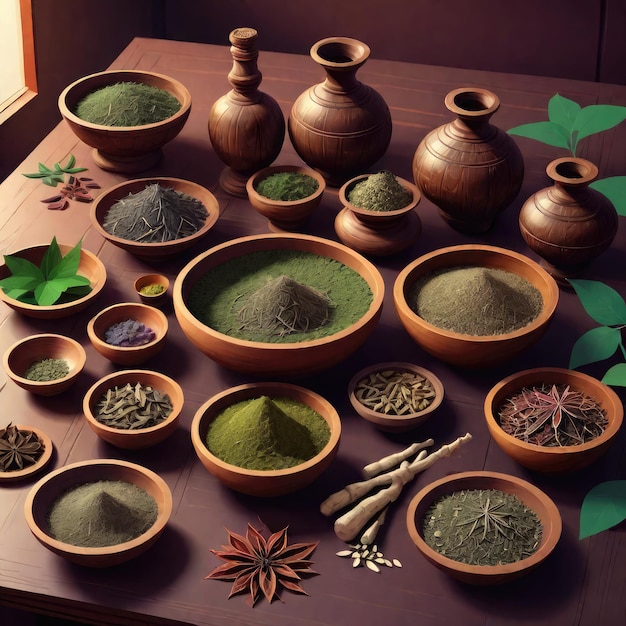 Ayurvedische Wellness Traditionelle indische Medizin auf dem Display