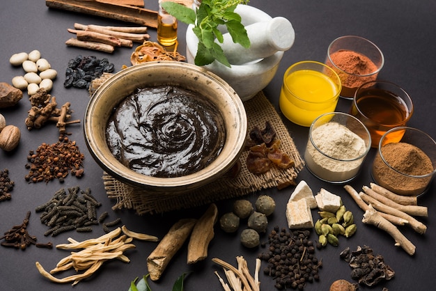 Ayurvedisches Chyawanprash ist ein leistungsstarker Immunitätsverstärker oder ein natürliches Nahrungsergänzungsmittel. Serviert in einer antiken Schüssel mit Zutaten, über stimmungsvollem Hintergrund, selektiver Fokus