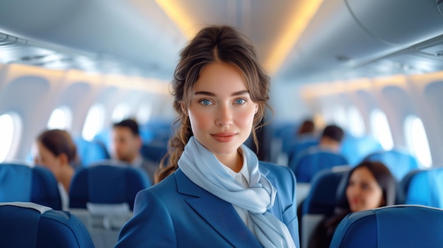 Foto la azafata de bienvenida dentro de la cabina del avión