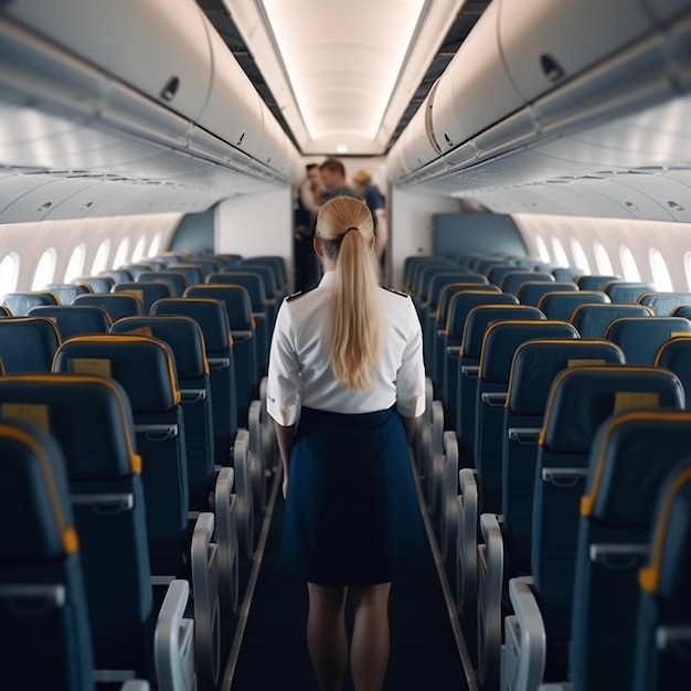 La azafata camina por el avión lleno de pasajeros.