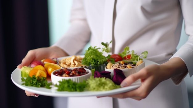 una azafata está sirviendo comida en un avión de fondo blanco puro fotografía medio de cerca