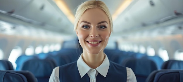 Azafata profesional de vuelo en uniforme de pie en una cabina de avión borrosa y bellamente iluminada