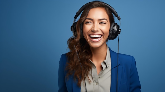 Azafata de radio con micrófono y auriculares sobre fondo azul.