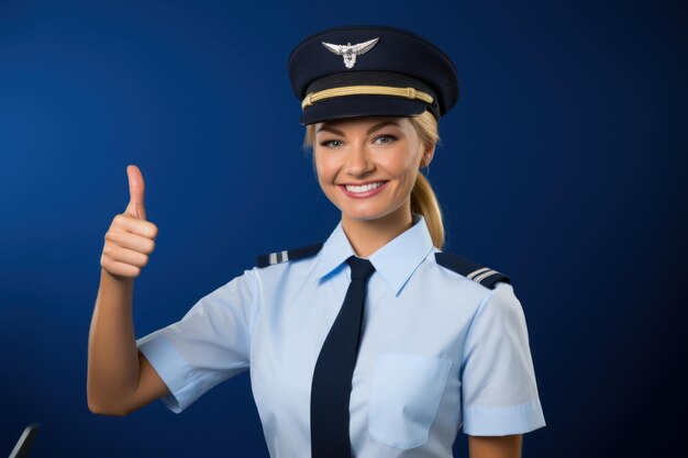 Una azafata sonriente con el pulgar hacia arriba de pie dentro del avión IA generativa