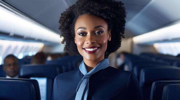 Azafata sonriente con uniforme azul en la cabina del avión atractiva azafata negra