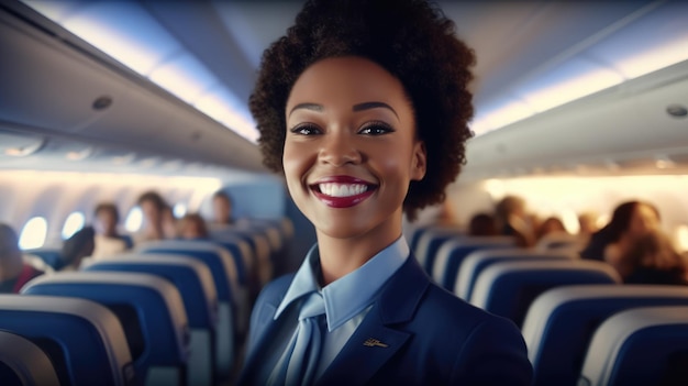 Una azafata sonriente en uniforme azul en la cabina de un avión una azafada negra atractiva
