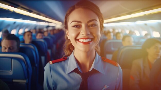 Foto azafata sonriente con uniforme azul en la cabina de un avión mujer atractiva azafata amable empleada de la aerolínea servicio agradable para los pasajeros de la aerolínea ia generativa