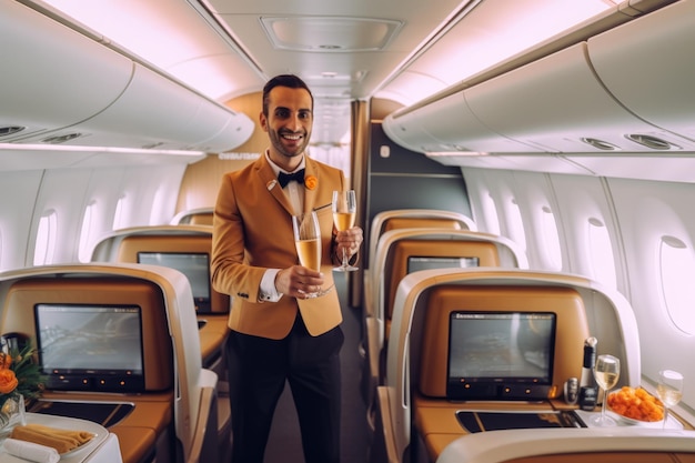 El azafato da la bienvenida en el avión de primera clase con champán.