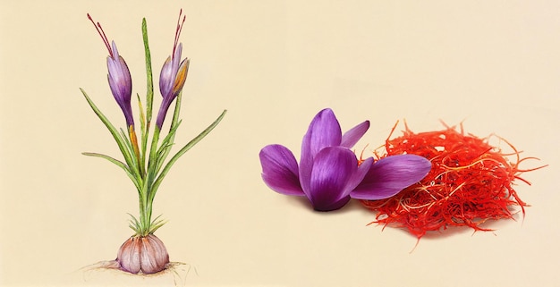 Azafrán Kesar (Crocus Sativus Corms). Ilustración botánica sobre papel blanco. la mejor medicina