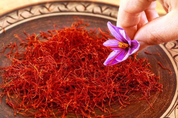 Azafrán seco con flor en plato de cerámica estampada. Especia de azafrán utilizada en alimentos y hierbas medicinales tradicionales